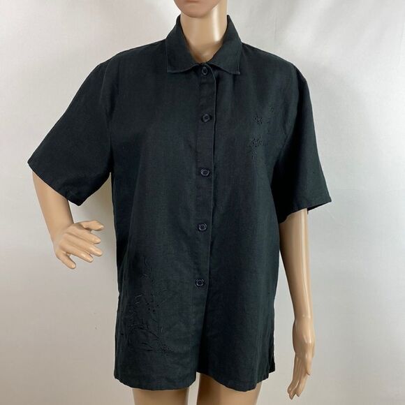 JPR Outfit 100% linen black eyelet short sleeve bottom up shirt size S - Picture 1 of 8